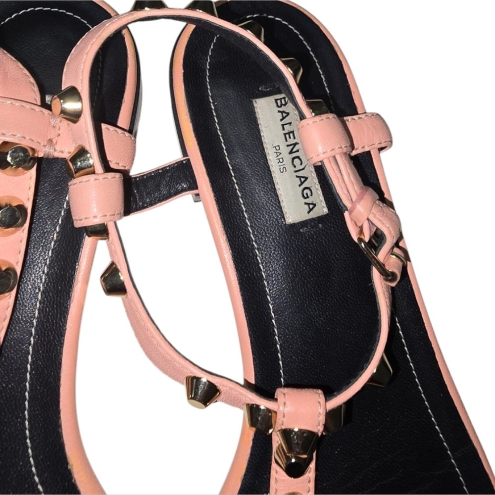 BALENCIAGA PINK leather thong SANDALS 37.5 7 flat slide ROCKSTUD ANKLe star STud - Picture 9 of 16